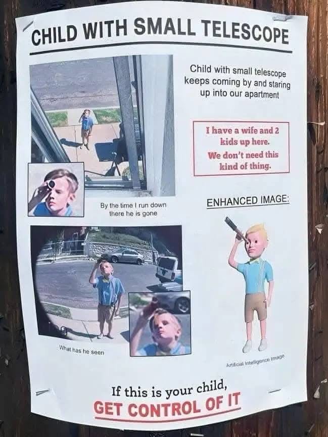 small child with telescope wanted poster