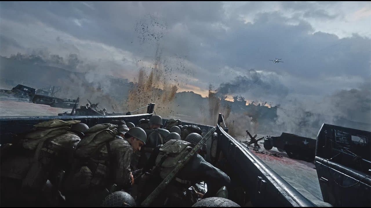 CoD 2 Omaha Beach Scene Still, Soldiers ind landing ship approaching shore