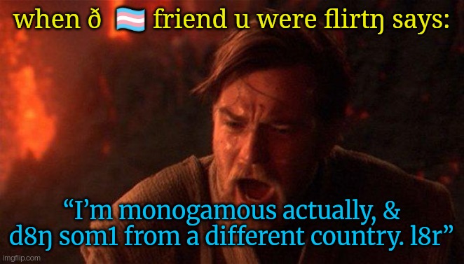 when ð 🏳️⚧️ friend u were flirtŋ says: “I’m monogamous actually, & d8ŋ som1 from a different country. l8r”