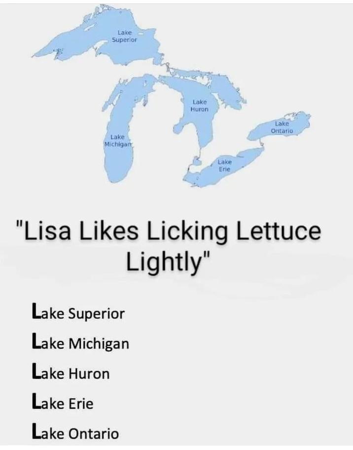 Five lakes with mnemonic "Lisa Likes Licking Lettice Lightly", with the letter "L" highlighted in each word "Lake"