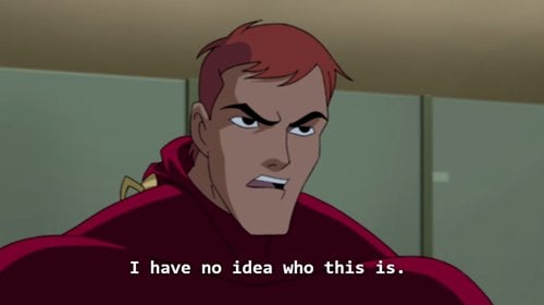 Lex Luther inhabiting the body of the Flash, unmasks himself and looks in the mirror. "I have no idea who this is."