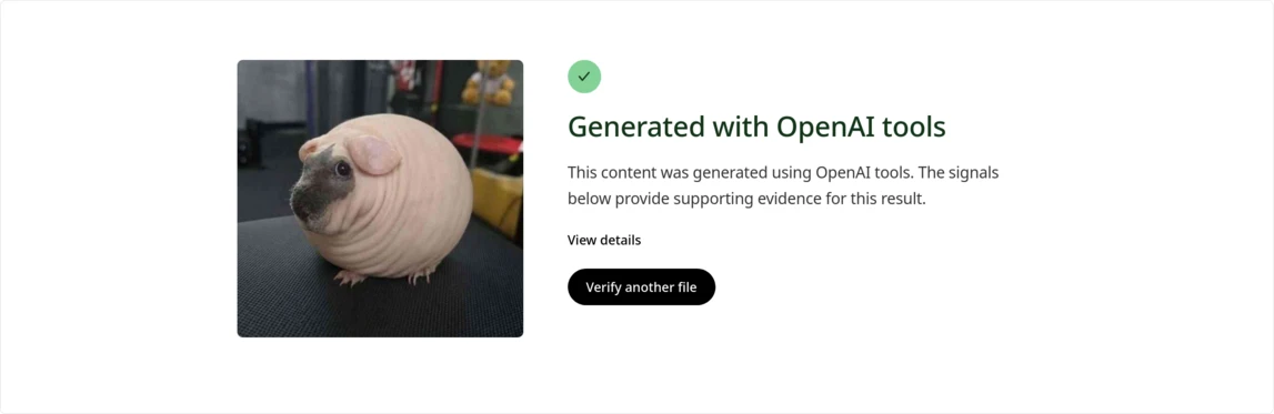 Image from https://openai.com/research/verify/ saying "This content was generated using OpenAI tools"