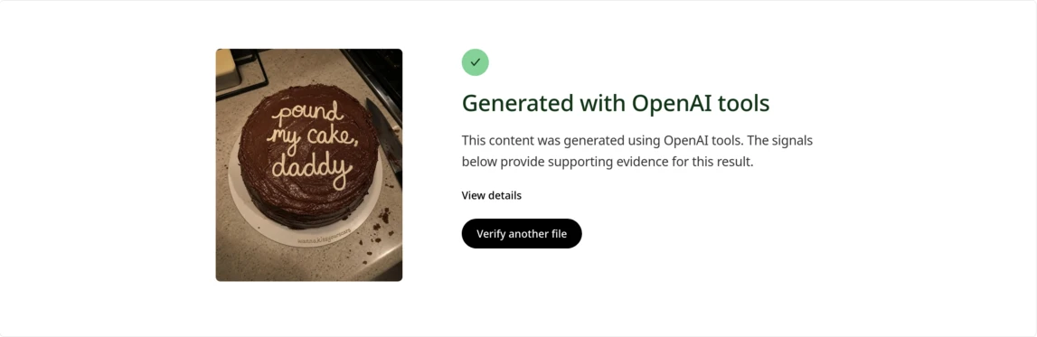 Screenshot of OpenAI image verifier saying "Generated with OpenAI tools"