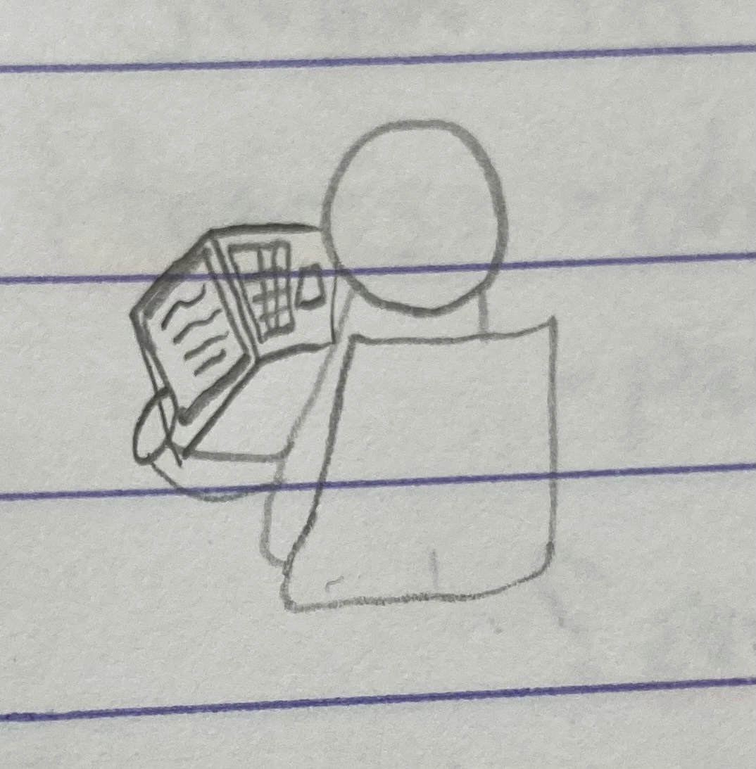 Doodle on line paper of a person reading a book on their laptop. The laptop is open and held, rotated like how one typically reads books, with the screen (and the book’s contents) on the left and the laptop’s keyboard and trackpad on the right.