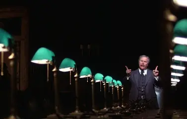 A screencap of character Arthur Jensen in their Corporate Cosmology speech in the film 'Network'