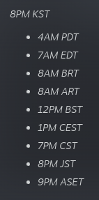 extensive list of times with timezones such as PDT, EDT, BST etc. for a single event