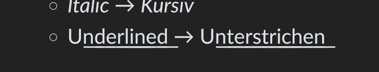 The underline after the first character and ends one character after the last.