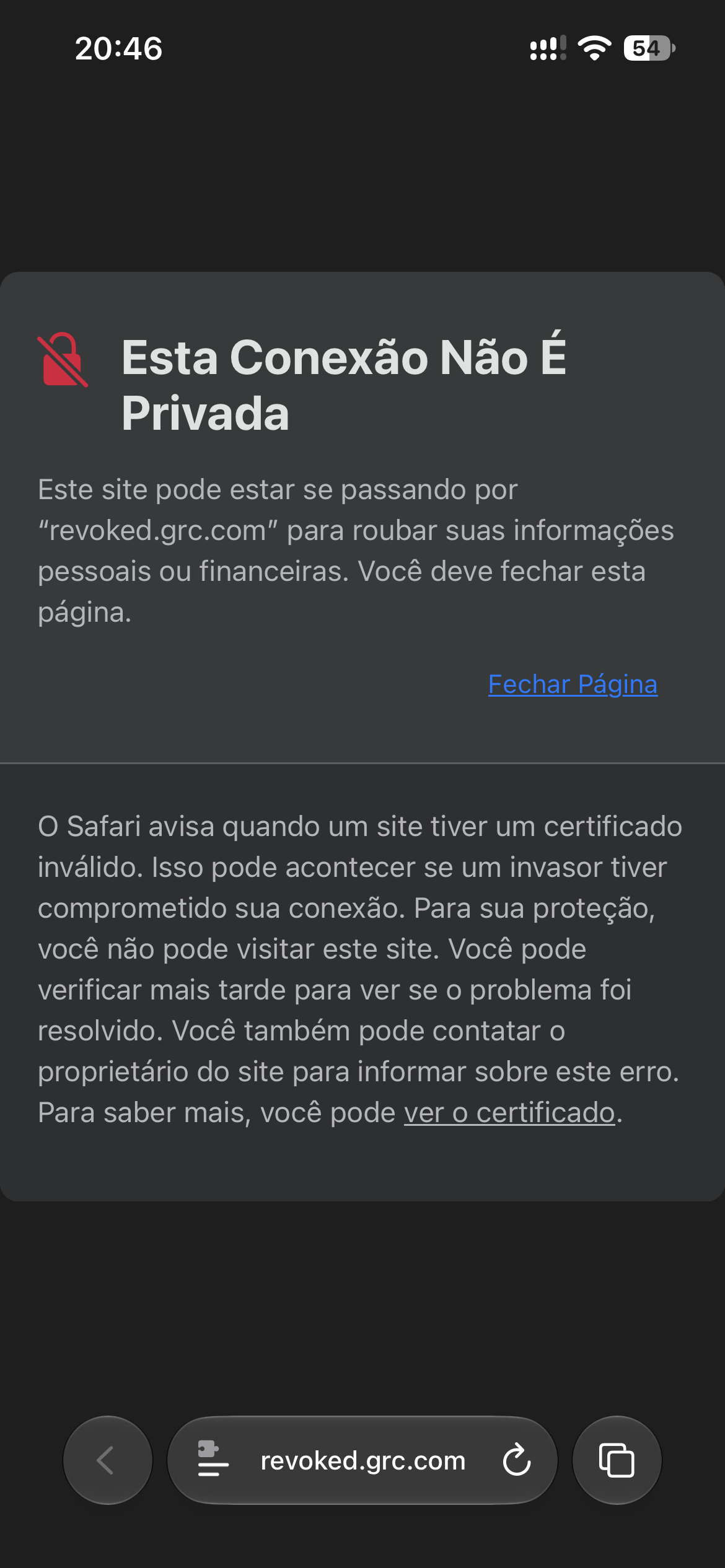Safari browser detailed information for invalid certificate warning.