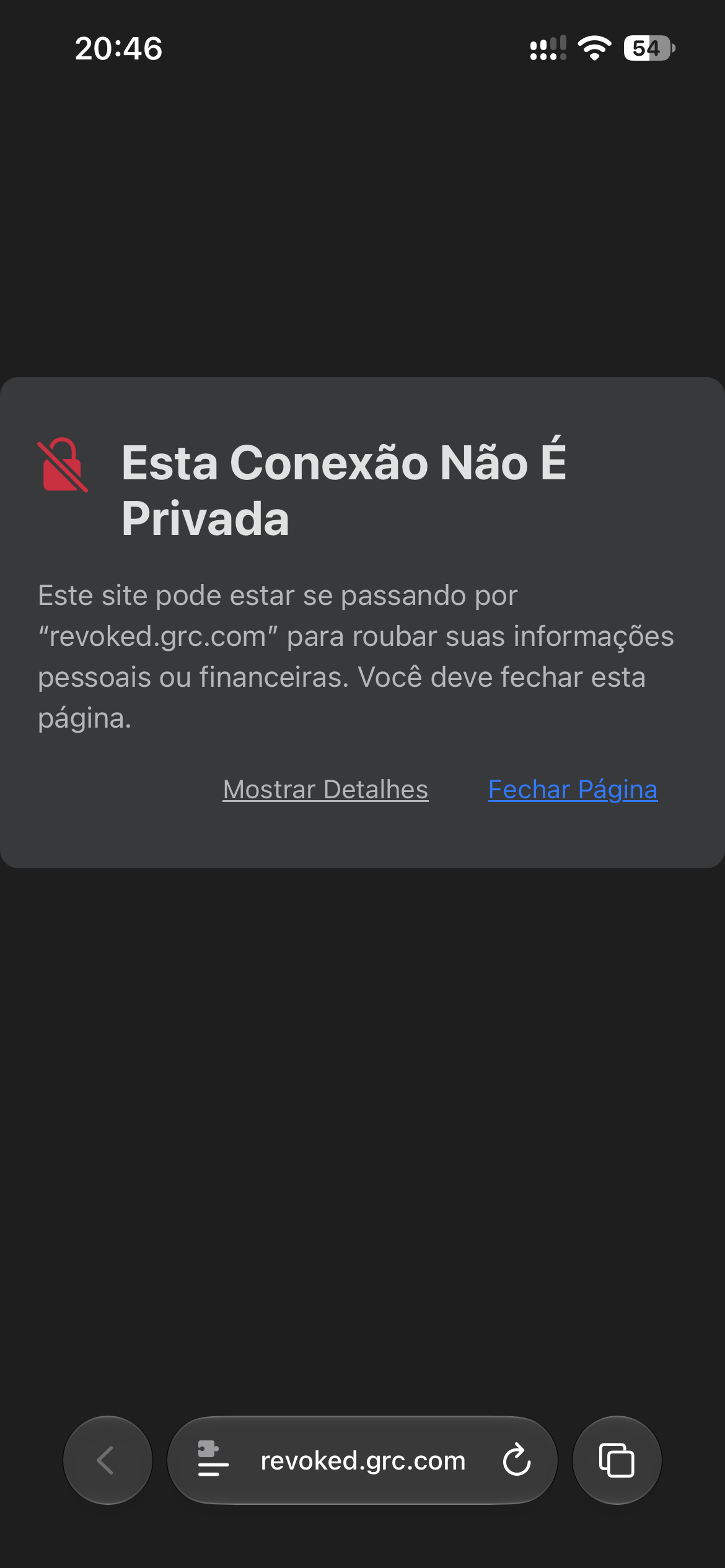 Safari browser invalid certificate warning page.