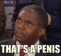 Reversed version of the "that's a penis" meme GIF this is responding to, so now the man in the GIF says "that's a penis" and then leans back and smiles.