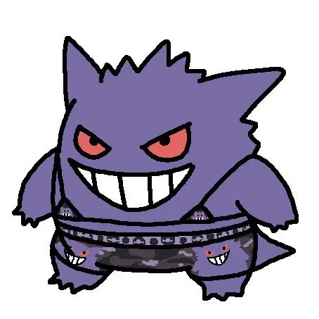 Gengar wearing a Gengar-themed bra and boyshort set. Gengar looks cheeky.