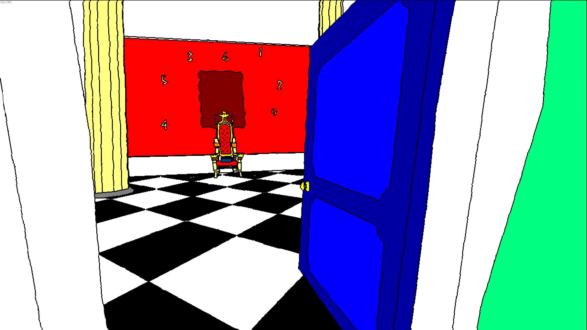 As an example, in this screenshot, a blue door opens to reveal a throne room on the other side. It has black and while floor tiles, red walls, and a throne in plain red and yellow. Only a handful of colours express this entire scene.