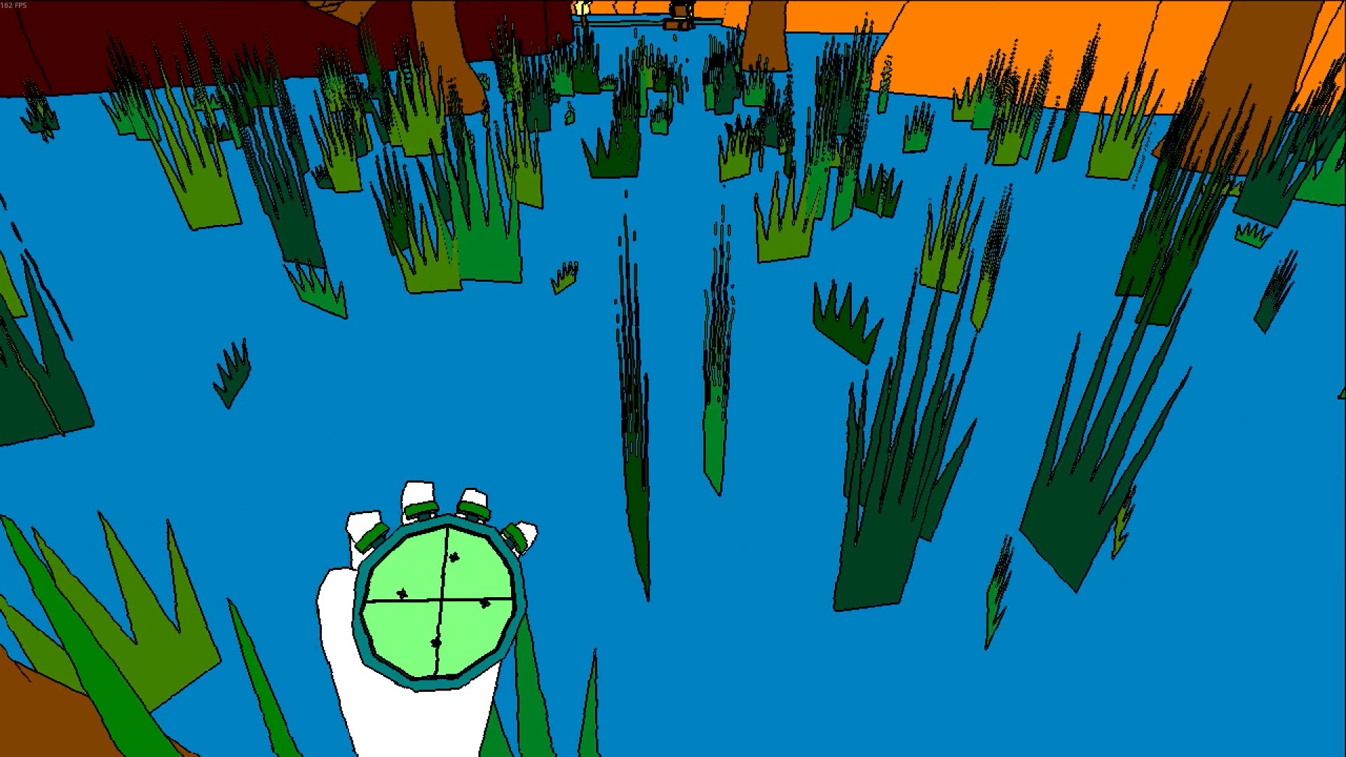 Looking through patches of tall grass while holding a compass-like device