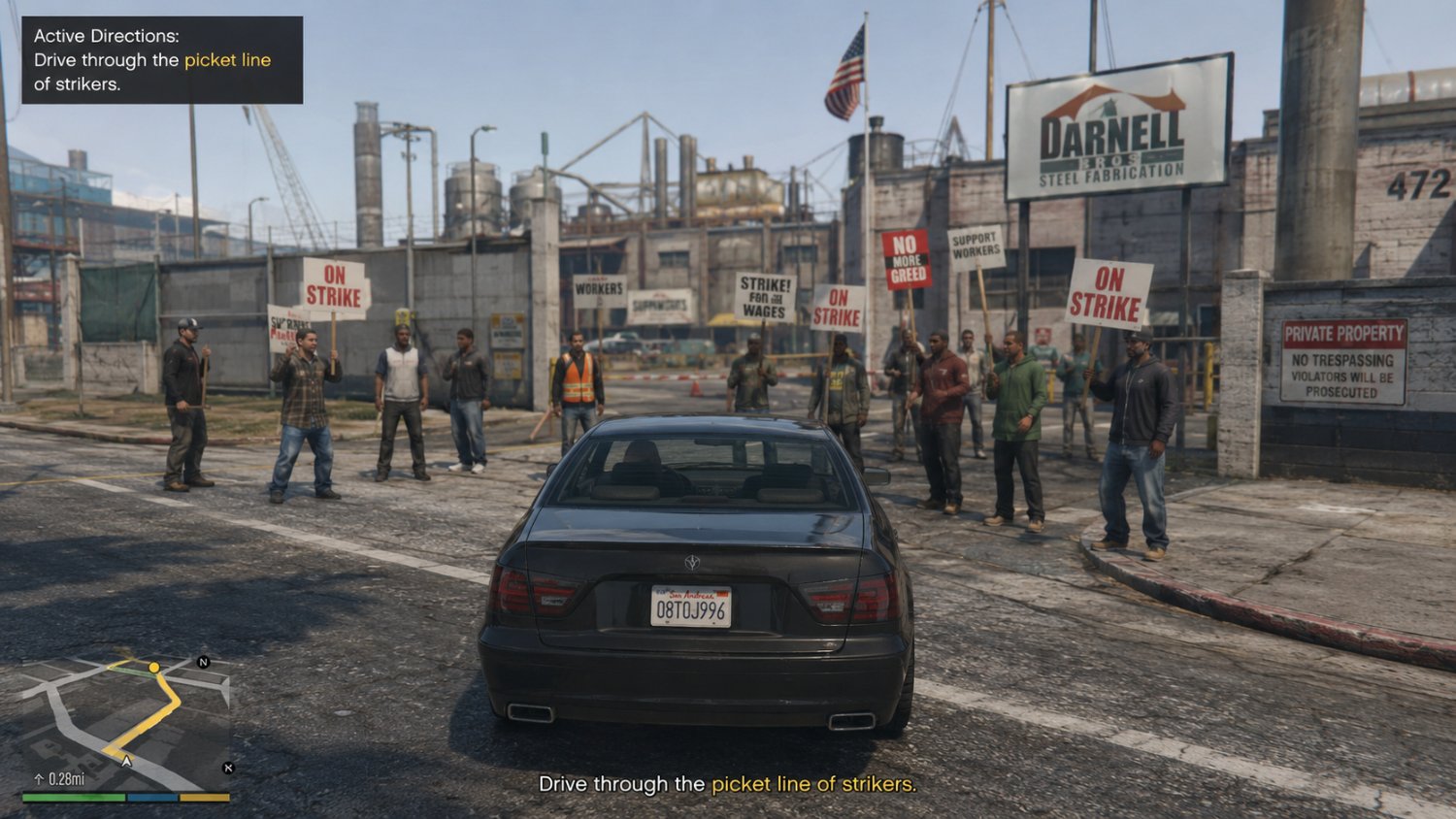 Fake GTA5 screenshot of driving through a picket line
