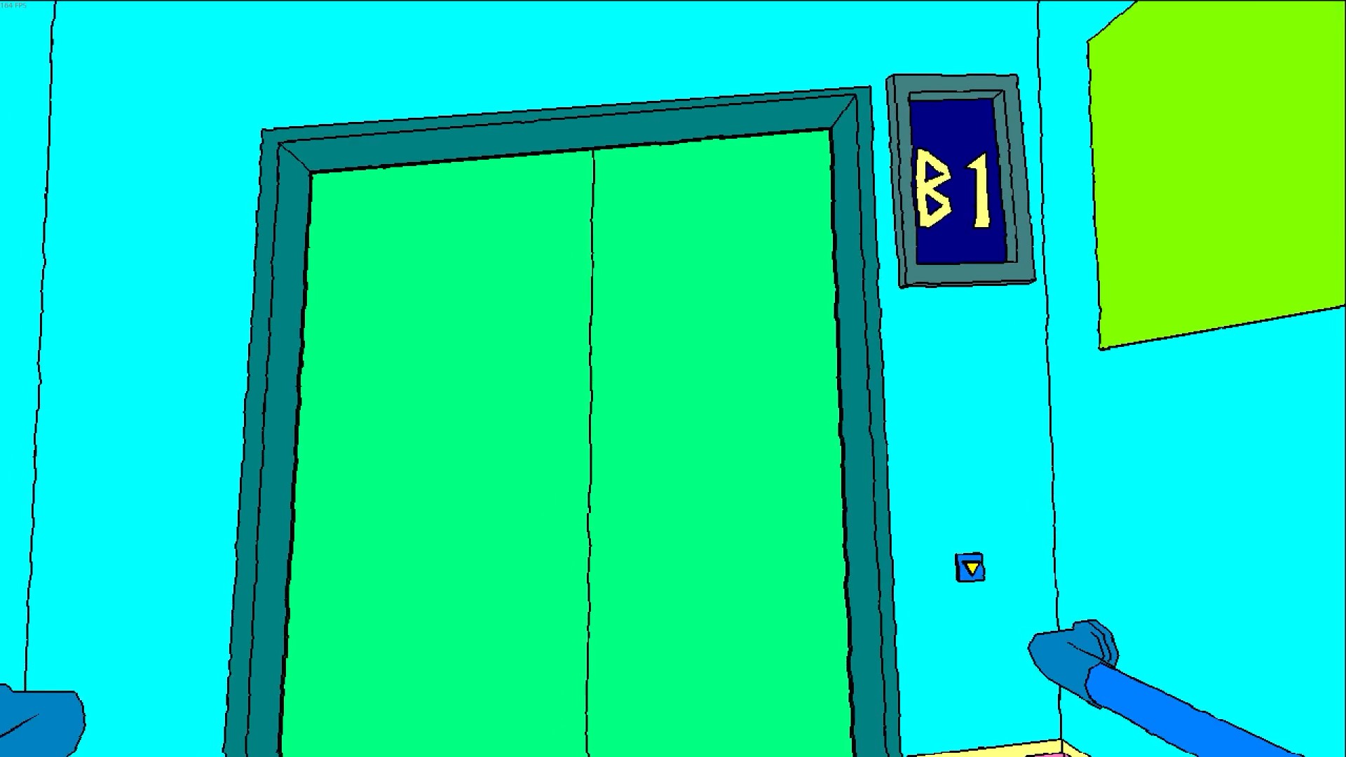 The elevator panel with just a down button. The display above it reads "B1".